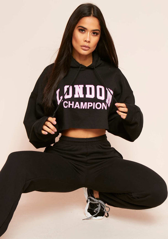Missyempire Parker Black Slogan Oversized Cropped Hoodie