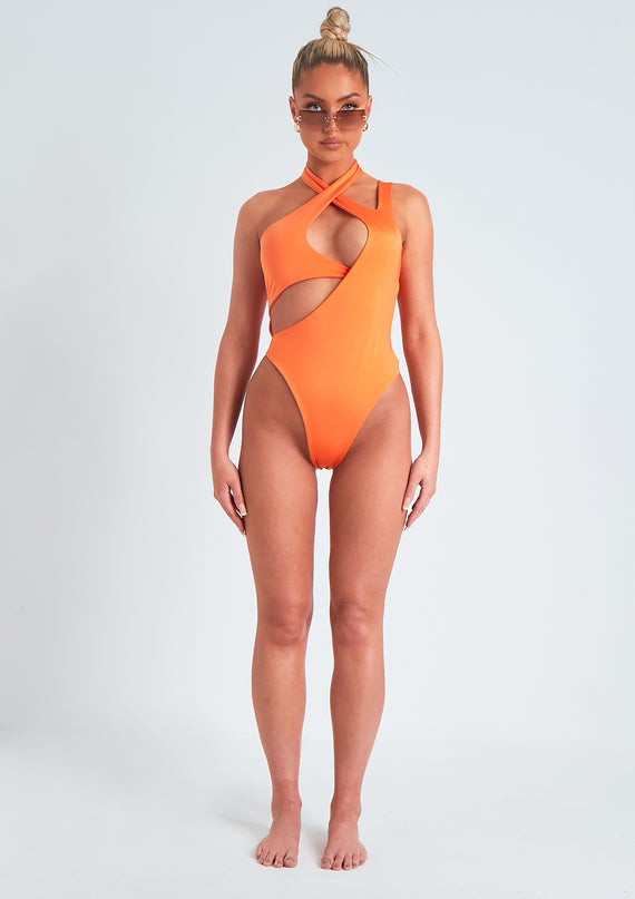 missyempire Petra Orange Halter Neck Cut Out Swimsuit