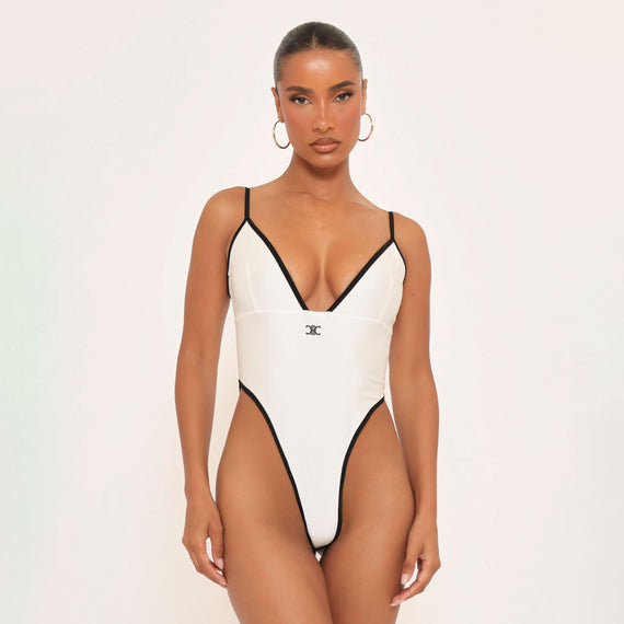 missyempire Plunge Front High Leg Contrast Trim Detail Logo Swimsuit In White