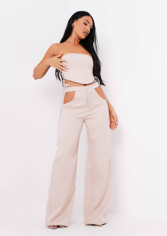 missyempire Polly Sand Cut Out Side Wide Leg Trousers
