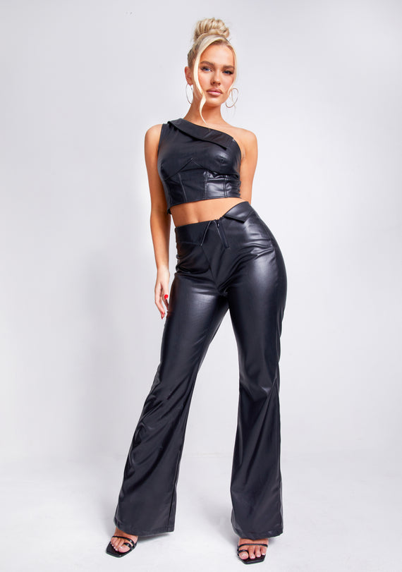 Missyempire Ramona Black Fold Over Corset Detail Faux Leather Top
