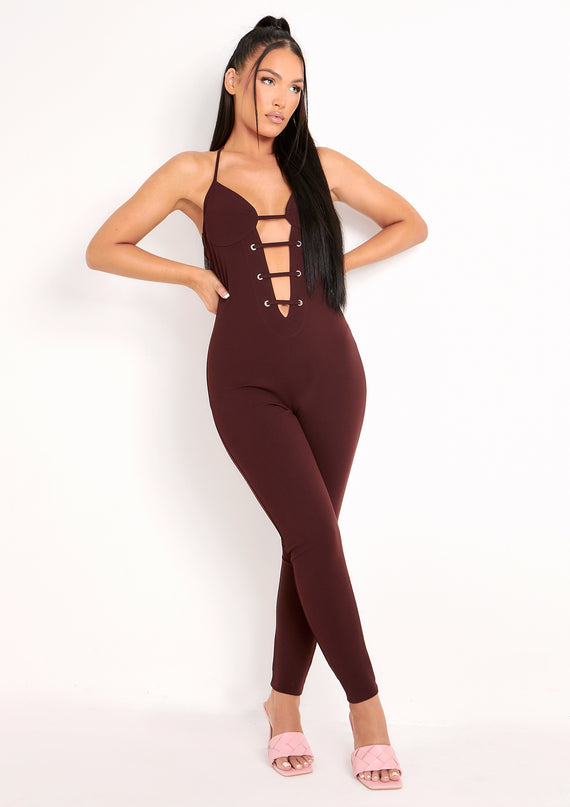 Missyempire Reese Chocolate Plunge Detail Halterneck Jumpsuit