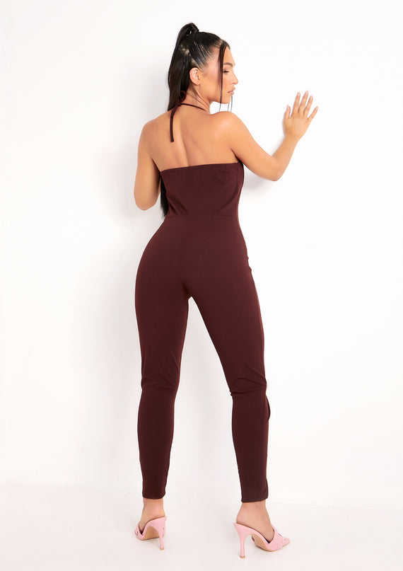 Missyempire Reese Chocolate Plunge Detail Halterneck Jumpsuit