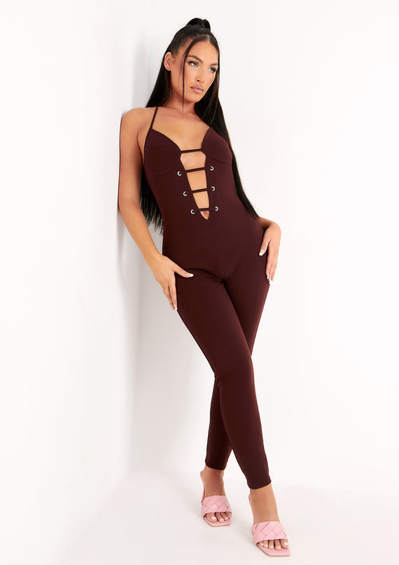 missyempire Reese Chocolate Plunge Detail Halterneck Jumpsuit