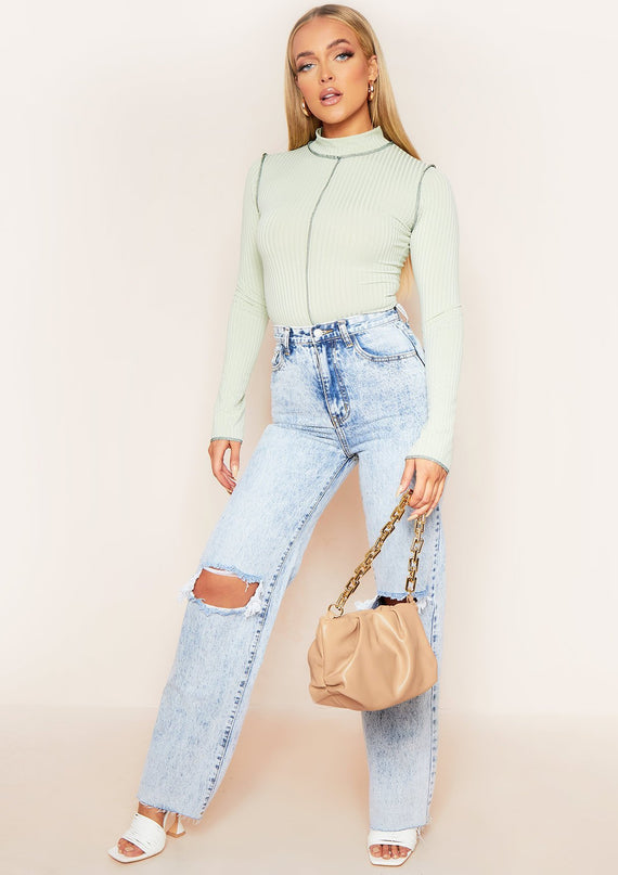 Missyempire Ria Sage Contrast Stitch High Neck Bodysuit