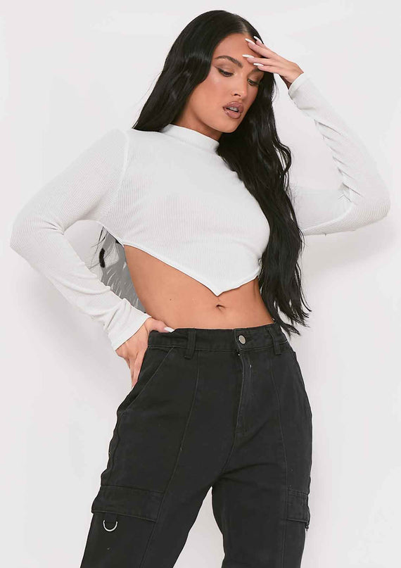 Missyempire Roderiga White Ribbed High Neck Tie Back Crop Top