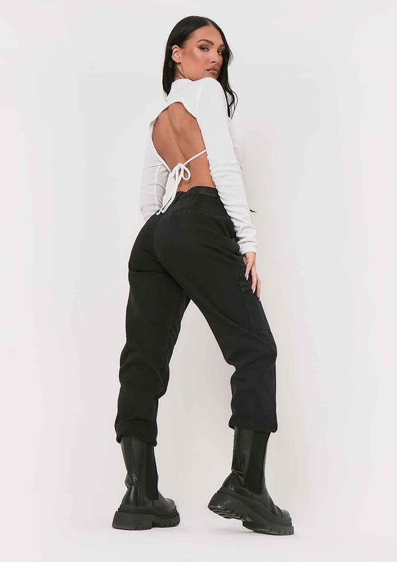 missyempire Roderiga White Ribbed High Neck Tie Back Crop Top