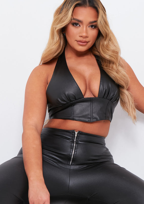 missyempire Romy Black PU Cropped Corset Halterneck Top