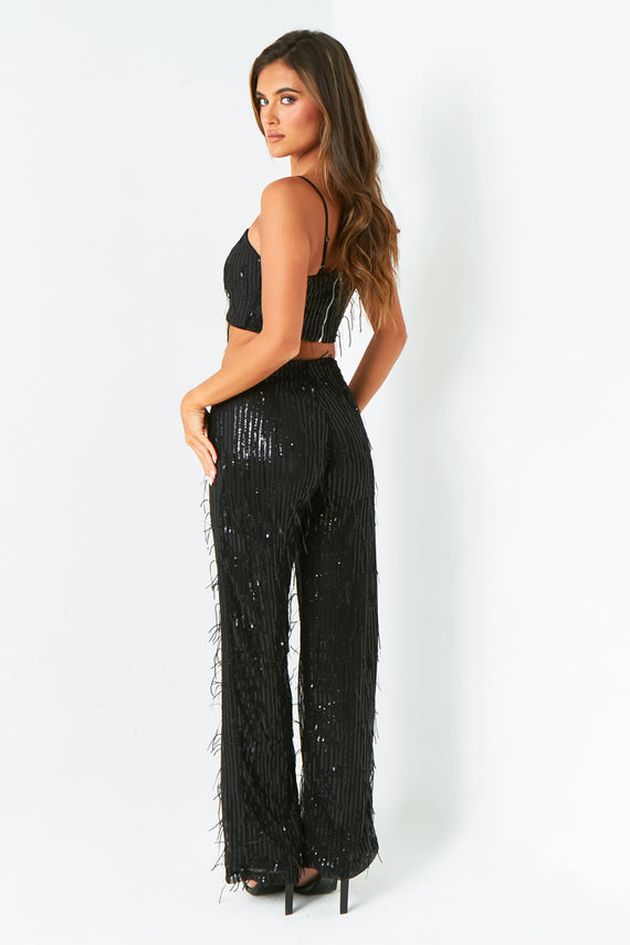 Missyempire Rosalie Black Tassel Sequin Wide Leg Trousers