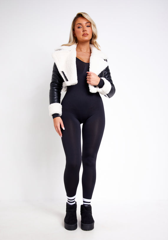 missyempire Rosie Black Faux Fur Trim Crop Aviator Jacket