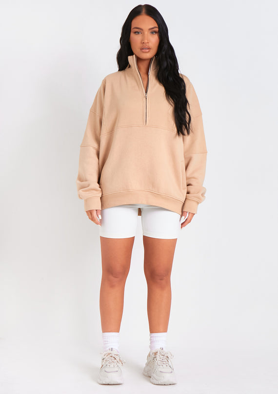 missyempire Roxy Beige Premium Ribbed Panelled Half Zip Sweatshirt