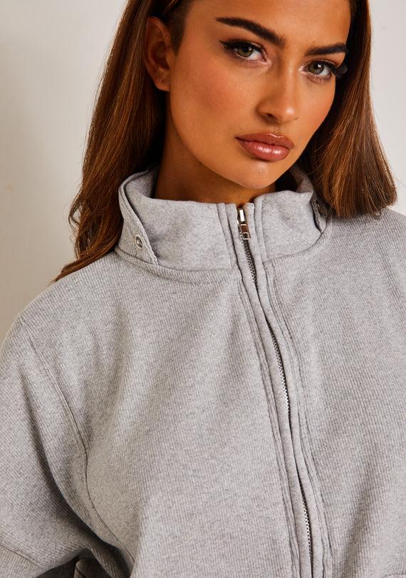 Missyempire Roxy Light Grey Premium Ribbed Panelled Half Zip Sweatshirt