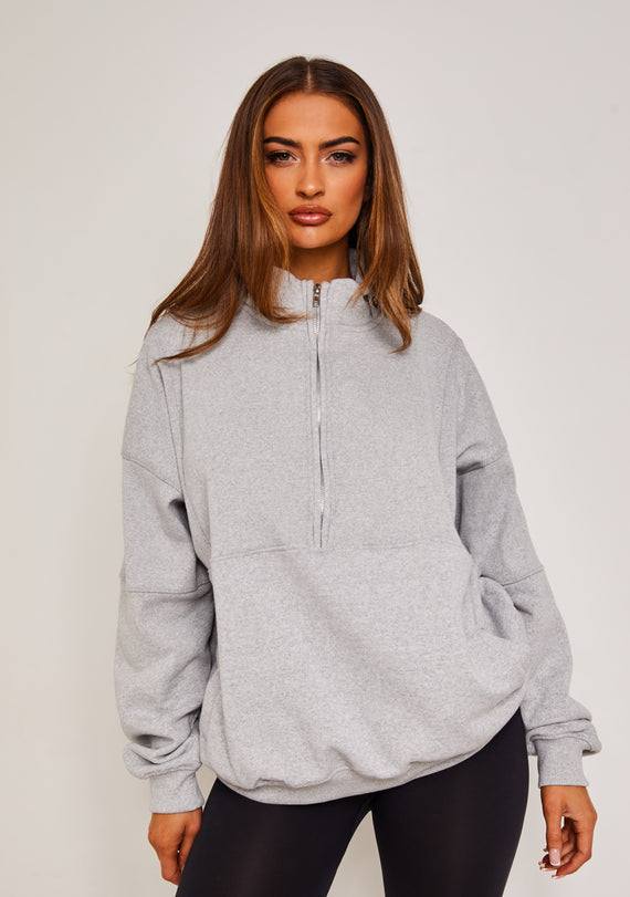 Missyempire Roxy Light Grey Premium Ribbed Panelled Half Zip Sweatshirt