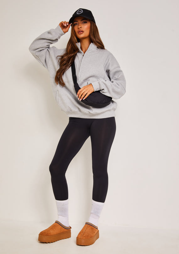 missyempire Roxy Light Grey Premium Ribbed Panelled Half Zip Sweatshirt