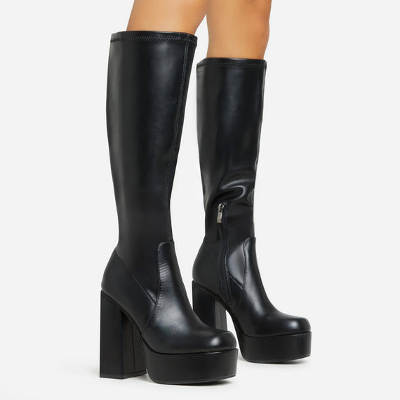missyempire Runway Square Toe Platform Block Heel Knee High Long Sock Boot In Black Faux Leather