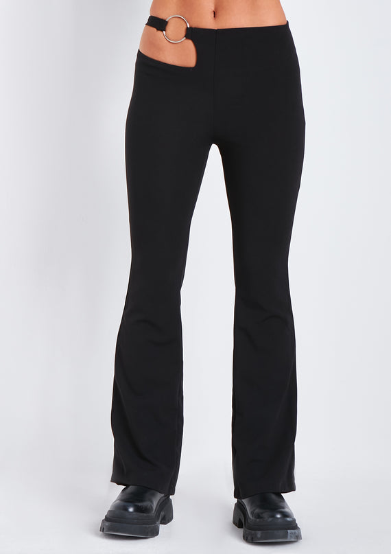 missyempire Sabina Black Ring Cut Out Detail High Waisted Flared Trouser
