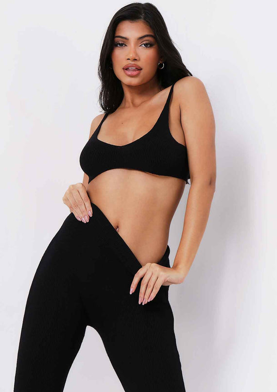 missyempire Saffron Black Knitted Rib Plunge Bralet