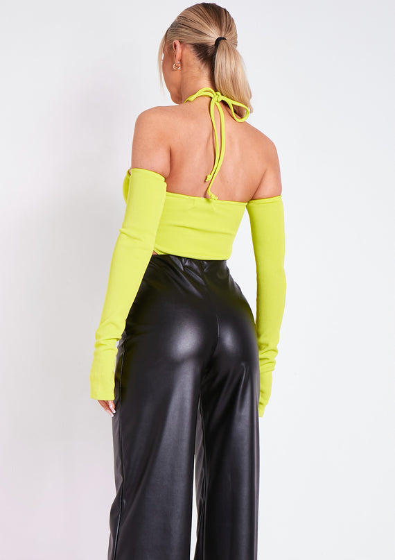 Missyempire Salma Lime Halter Strap Sleeve Detail Bodysuit