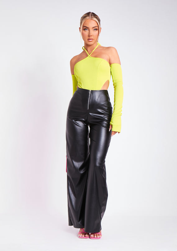 Missyempire Salma Lime Halter Strap Sleeve Detail Bodysuit