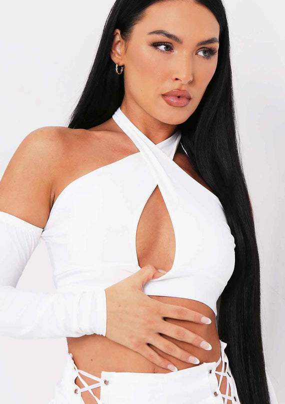 Missyempire Saoirse Ivory Cross Halterneck Top With Sleeves
