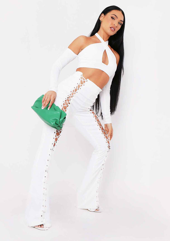 Missyempire Saoirse Ivory Cross Halterneck Top With Sleeves