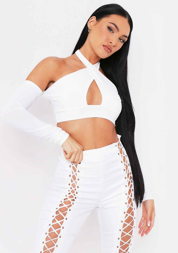 missyempire Saoirse Ivory Cross Halterneck Top With Sleeves