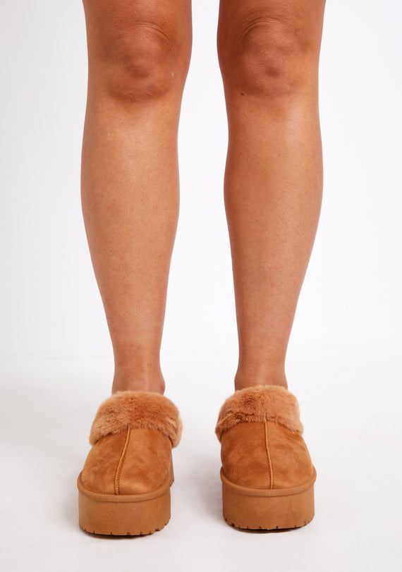 Missyempire Sara Brown Faux Fur Lined Platform Slippers