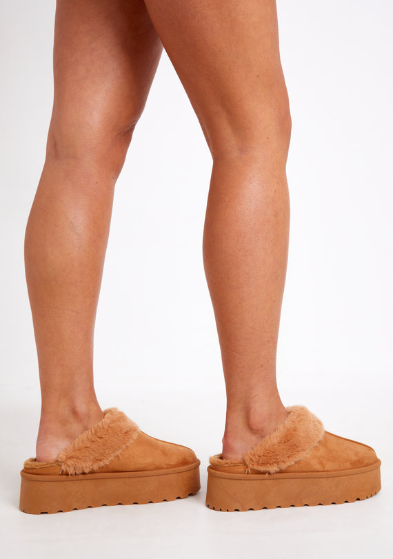 Missyempire Sara Brown Faux Fur Lined Platform Slippers
