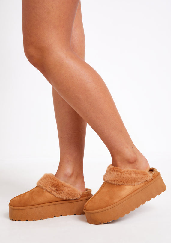 missyempire Sara Brown Faux Fur Lined Platform Slippers