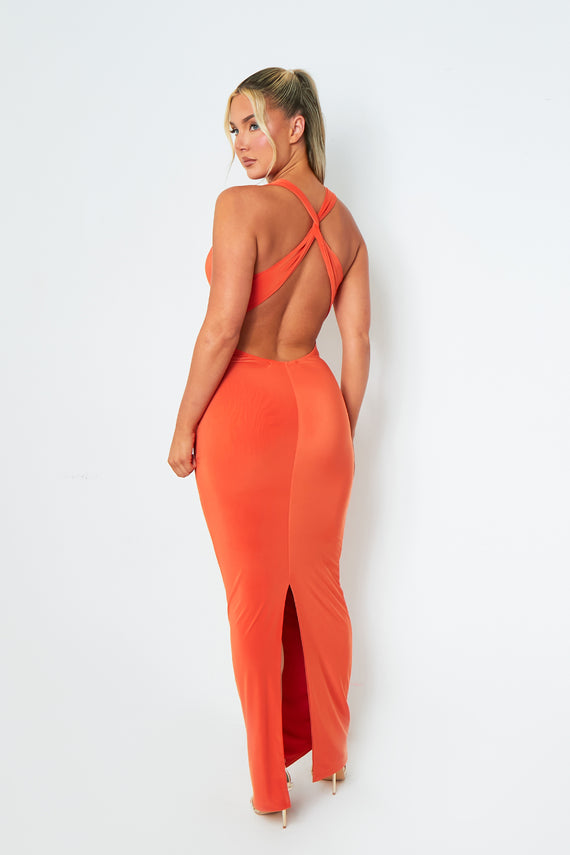 Missyempire Sara Orange Backless Halterneck Maxi Dress