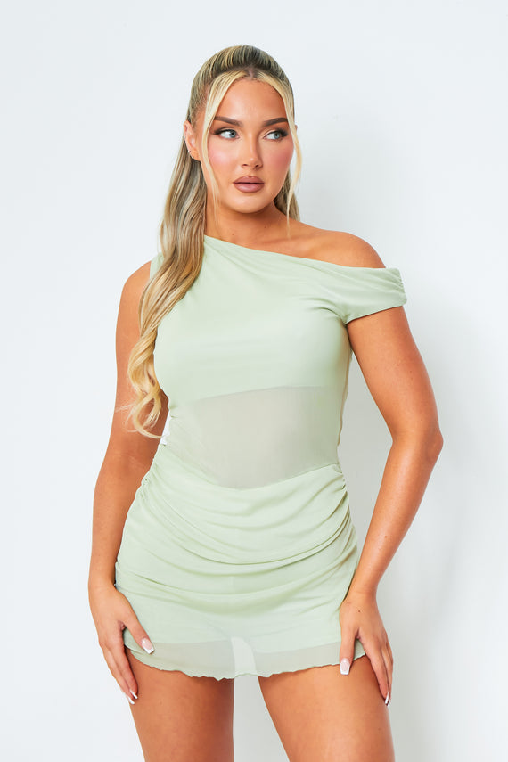 missyempire Sarah Sage One Shoulder Double Layer Mesh Mini Dress