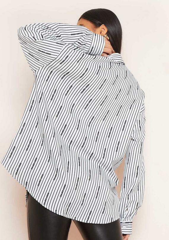 Missyempire Sarah White Pinstripe Missy Empire Text Oversized Shirt