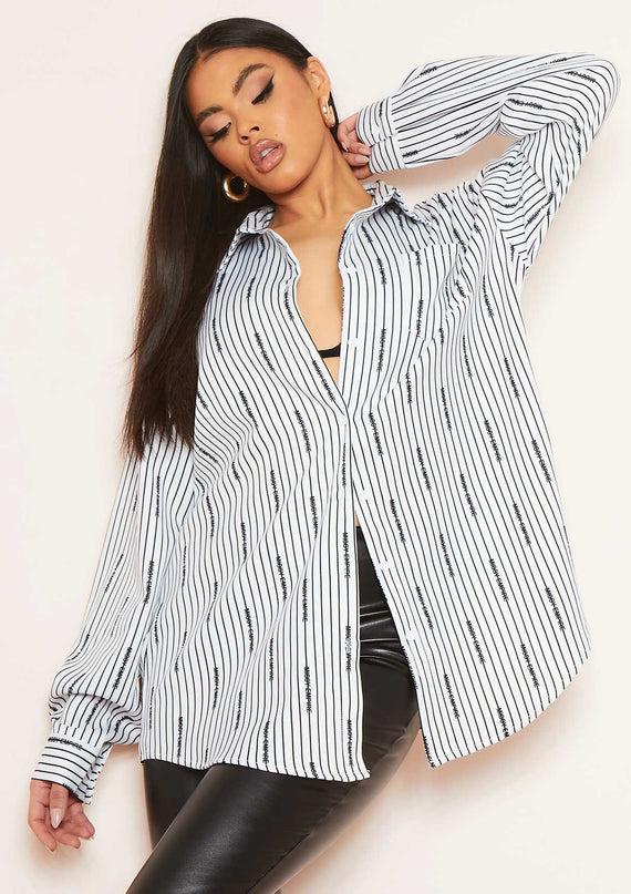 Missyempire Sarah White Pinstripe Missy Empire Text Oversized Shirt