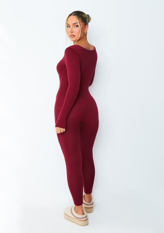 Missyempire Savannah Burgundy Knitted Long Sleeve Jumpsuit
