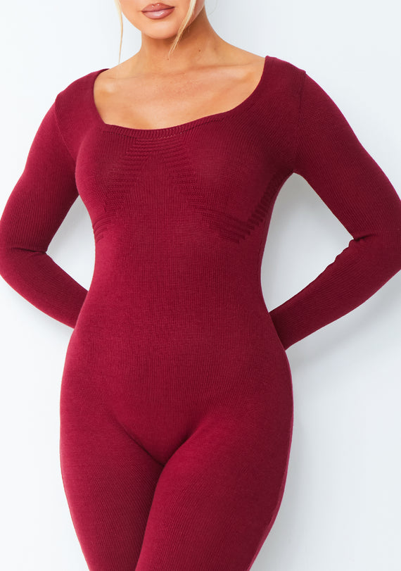 Missyempire Savannah Burgundy Knitted Long Sleeve Jumpsuit