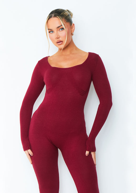 Missyempire Savannah Burgundy Knitted Long Sleeve Jumpsuit