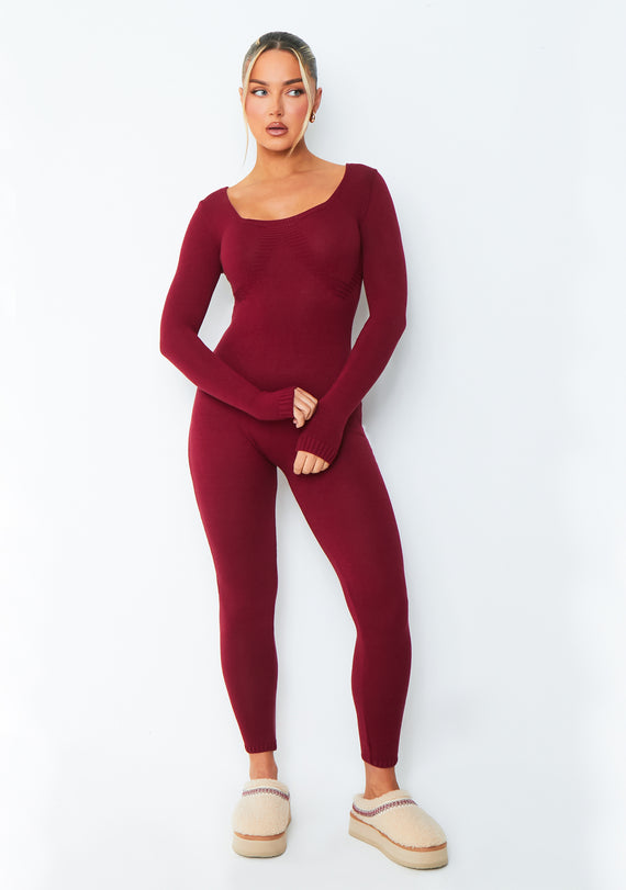 missyempire Savannah Burgundy Knitted Long Sleeve Jumpsuit