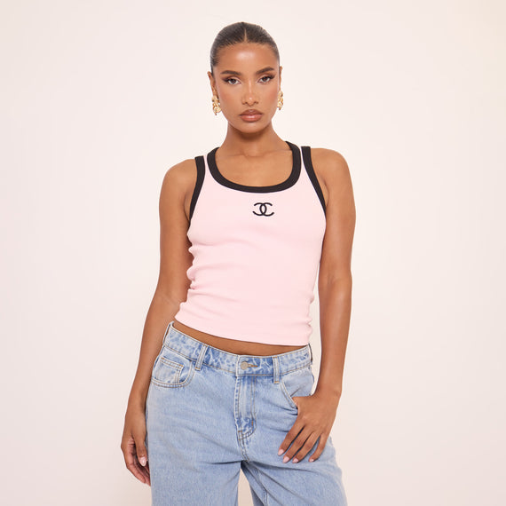 missyempire Scoop Neck Contrast Trim Logo Detail Vest Top In Pink