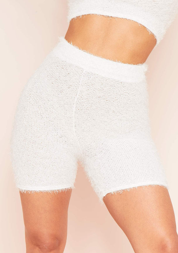 missyempire Seena White Fluffy Knit High Waist Shorts