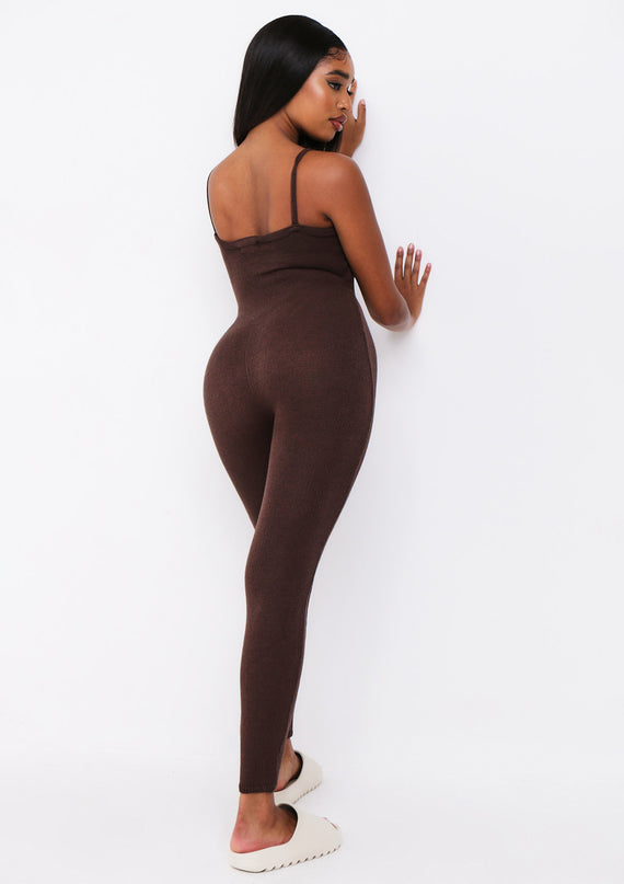 Missyempire Serena Chocolate Knitted Strappy Jumpsuit