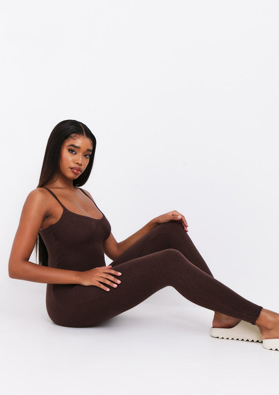 Missyempire Serena Chocolate Knitted Strappy Jumpsuit