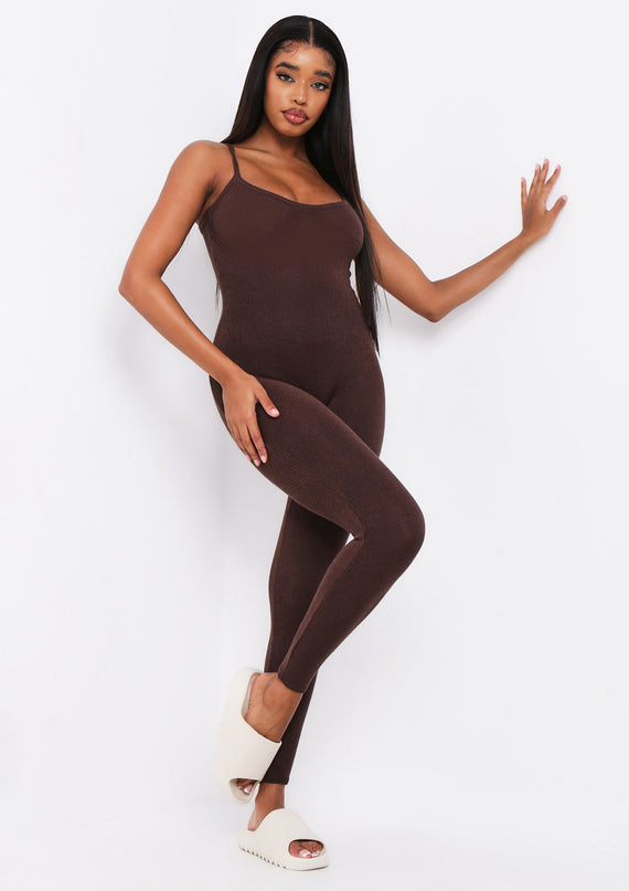 missyempire Serena Chocolate Knitted Strappy Jumpsuit