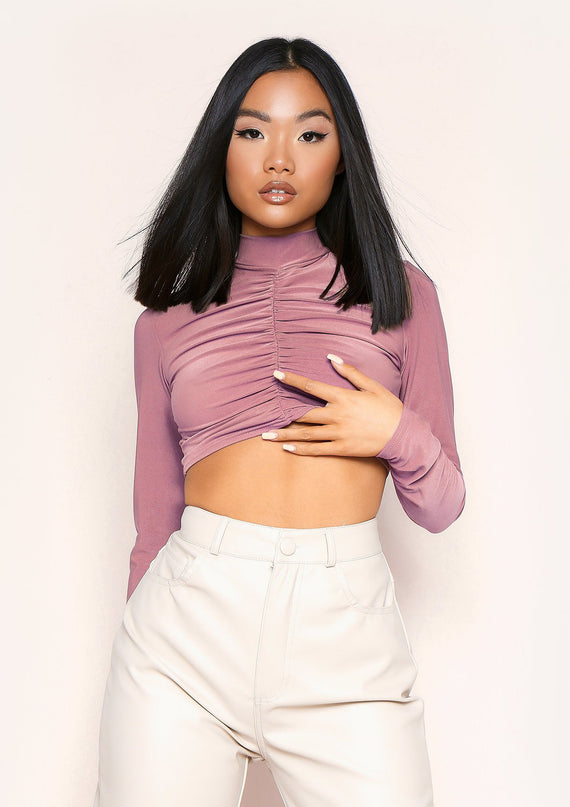 missyempire Siana Mauve Ruched Front Long Sleeve Crop Top
