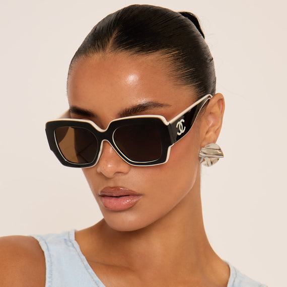 missyempire Side Logo Detail White Trim Oversized Sunglasses In Black And Nude