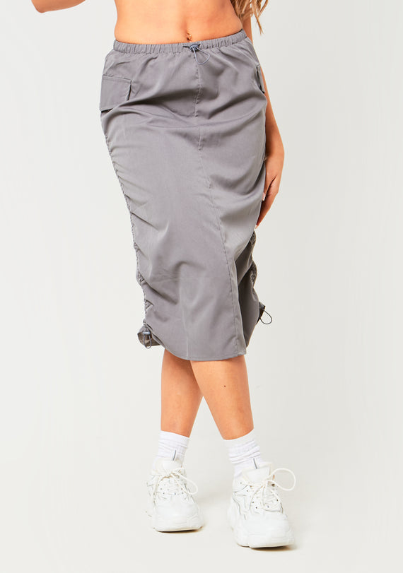 Missyempire Sienna Charcoal Parachute Ruched Side Cargo Midi Skirt