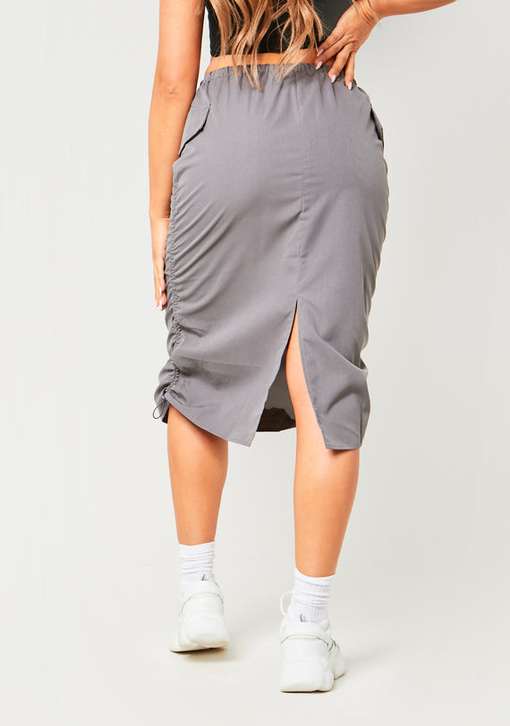 Missyempire Sienna Charcoal Parachute Ruched Side Cargo Midi Skirt
