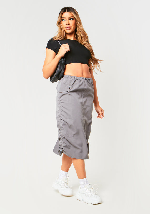 Missyempire Sienna Charcoal Parachute Ruched Side Cargo Midi Skirt