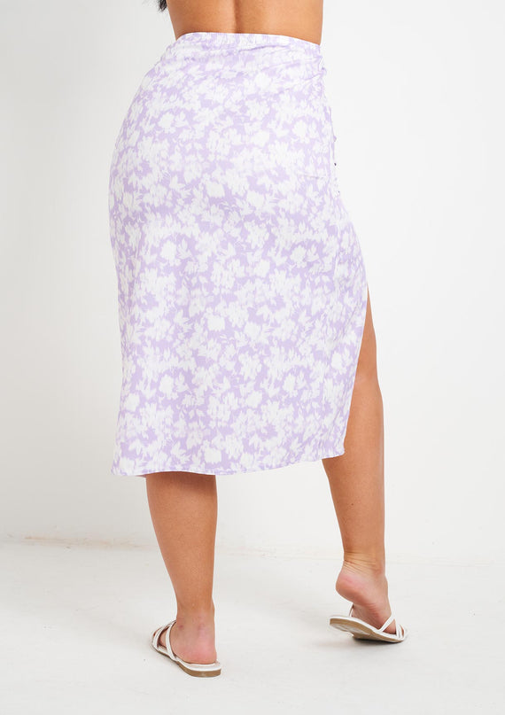 Missyempire Sienna Lilac Floral Print Midi Skirt With Slit