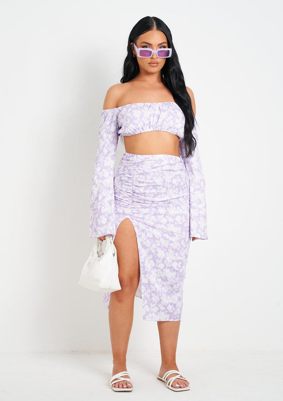 missyempire Sienna Lilac Floral Print Midi Skirt With Slit