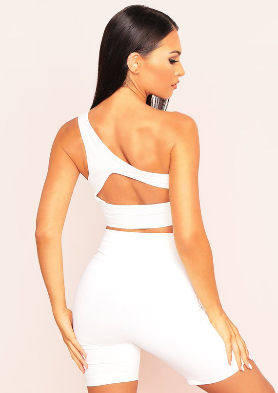Missyempire Siera Cream Missy Sport One Shoulder Cut Out Gym Top